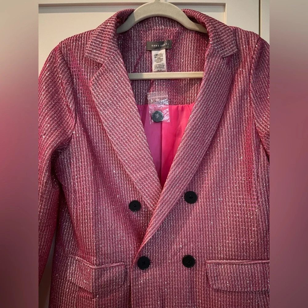 NWT Sans Souci Pink Sparkle Glitter Suit Set Blazer Pants Party NYE Medium